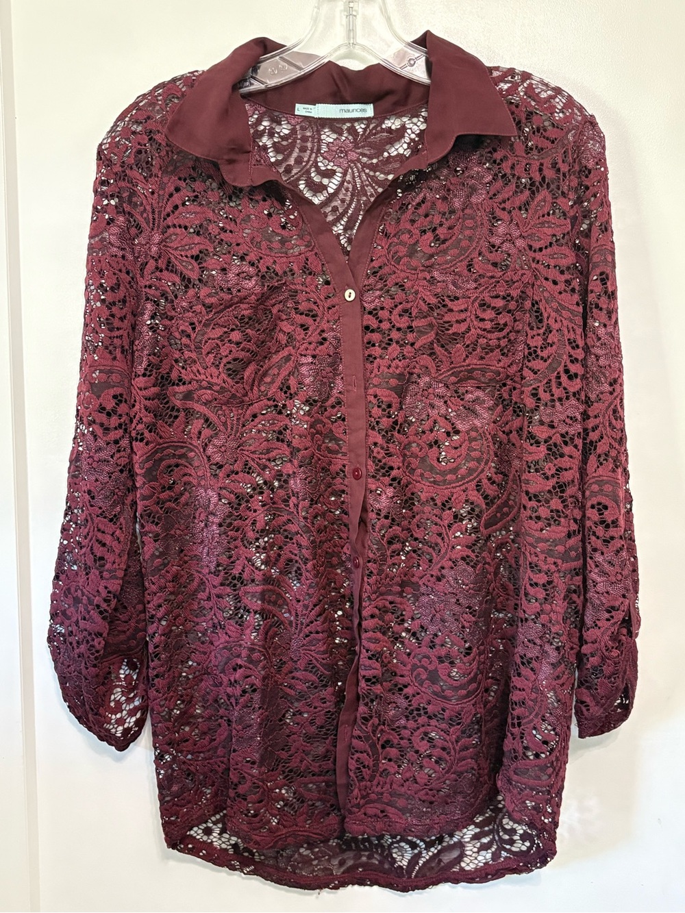 Maurices Maroon Lace Button Up Shirt L Burgundy Sheer Roll Tab Blouse Boho Goth